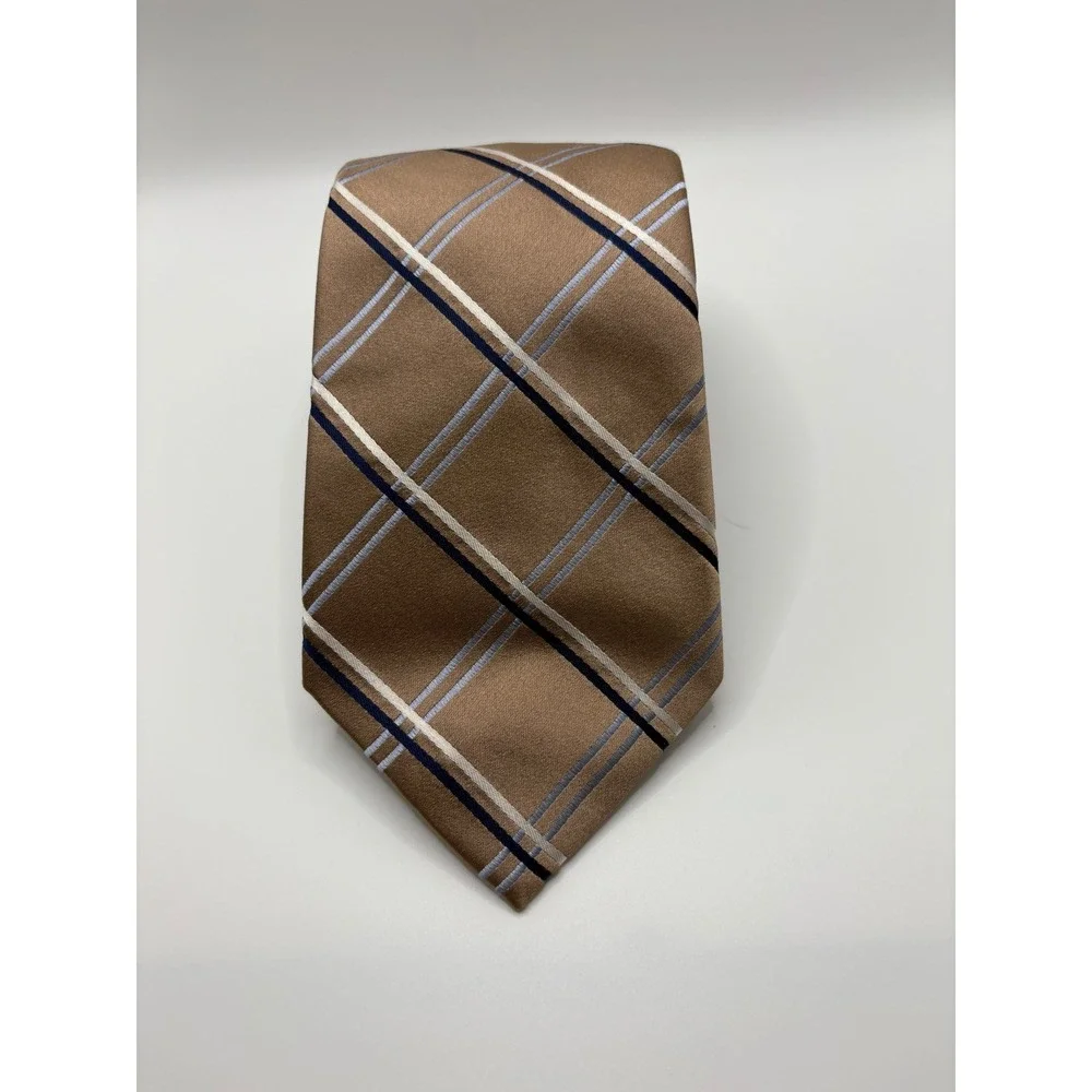 Tommy Hilfiger Mens Tan Navy Blue Plaid Silk Necktie RN 121148
